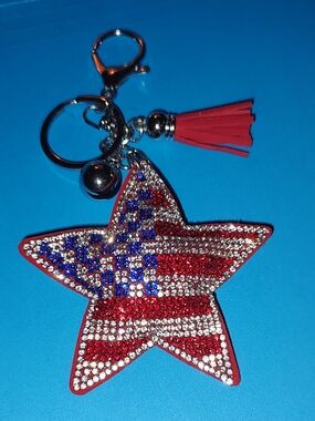 Rhinestone American Flag Star Keychain/Purse/Bag Charm with Red Tassel